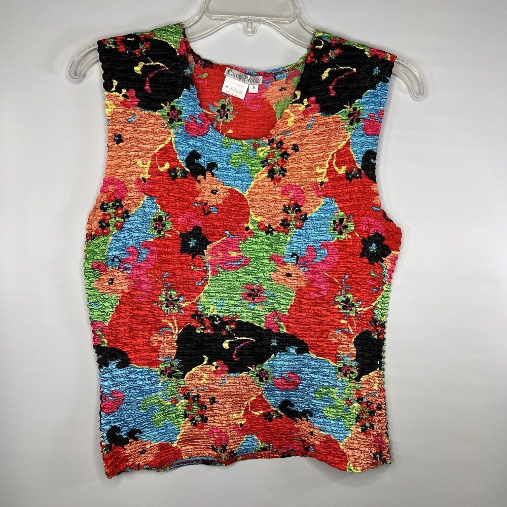Caren Brook Vintage Y2k 90s Vibrant Floral Crinkle Blouse Tank Size Medium